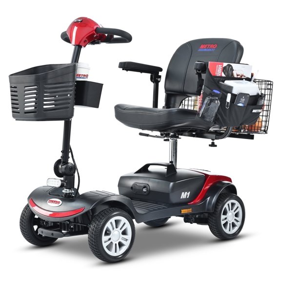 Metro M1 4-Wheel Electric Scooter with Shock Absorber, 300W Motor, Storage Box, Rear Basket and Multi-layered Pockets, LED Lights, Red