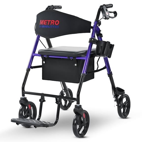 Metro Mobility 2 in 1 Rollator Walker & Transport Wheelchair, Foldable Lightweight Rollator Walker with Seat, 8" Big Wheels for All Terrain, 300 lb. Weight Capacity, PURPLE