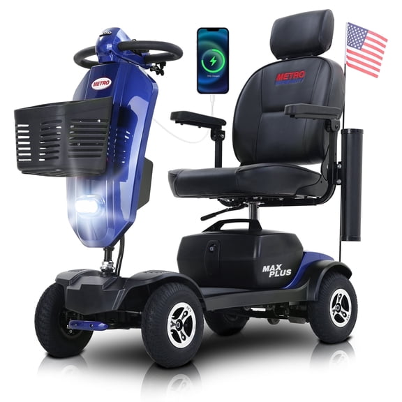Metro Mobility Secure Adjustable 4-Wheel Mobility Scooter with Seat & Handle, Blue, 300 lb Limit