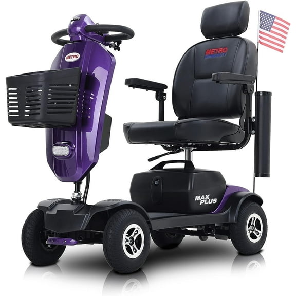Metro Mobility 4 Wheel Motorized Scooter for Adults - 300 lbs Capacity Powered Mobility Scooters for Seniors, Travel - 9'' Large Pneumatic Tires & Crutch Box - Purple