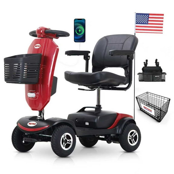 Metro Mobility Secure 4-Wheel Mobility Scooter with Charger & Basket, Red