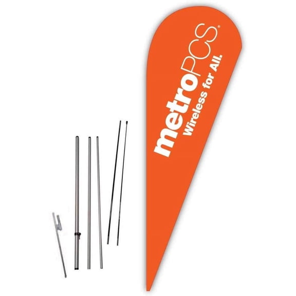 Metro PCS (Orange) Teardrop Feather Flag - Complete with 14ft Pole Set and Ground Spike