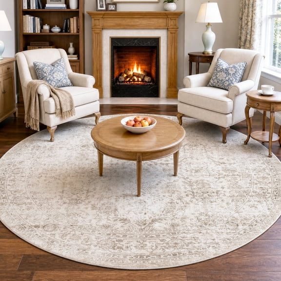 Metro Parlor 6ft Round Washable Area Rug Beige Vintage Neutral Distressed Non Slip Carpet Low Pile Indoor Mat Retro Throw Rug for Living Room Bedroom