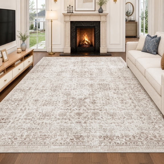 Metro Parlor 8x10 Washable Area Rug Beige Vintage Neutral Distressed Large Non Slip Carpet Low Pile Indoor Retro Throw Rug for Living Room Bedroom Dining