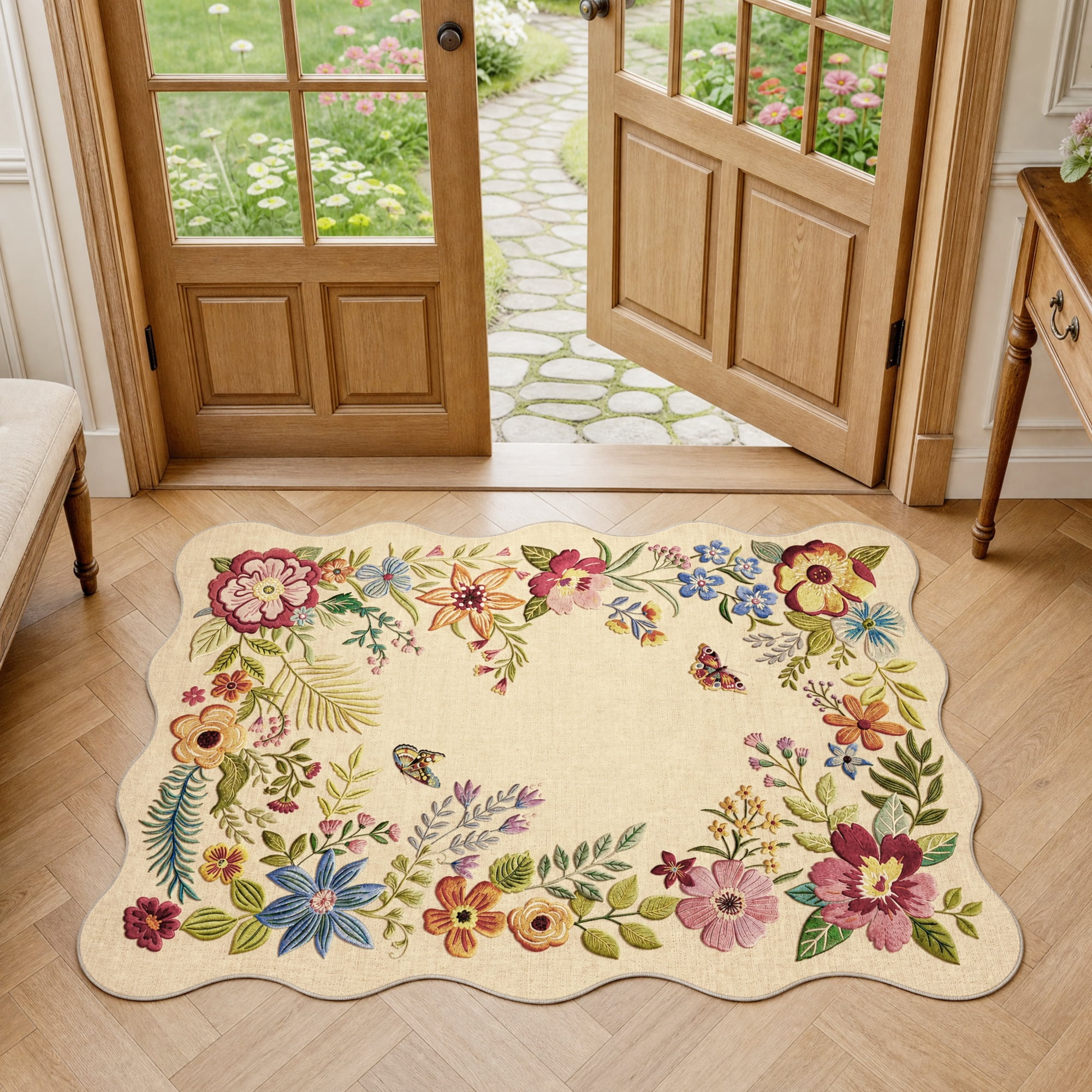Metro Parlor Entryway Rug 2x3 Floral Washable Beige Flower Vintage Door ...