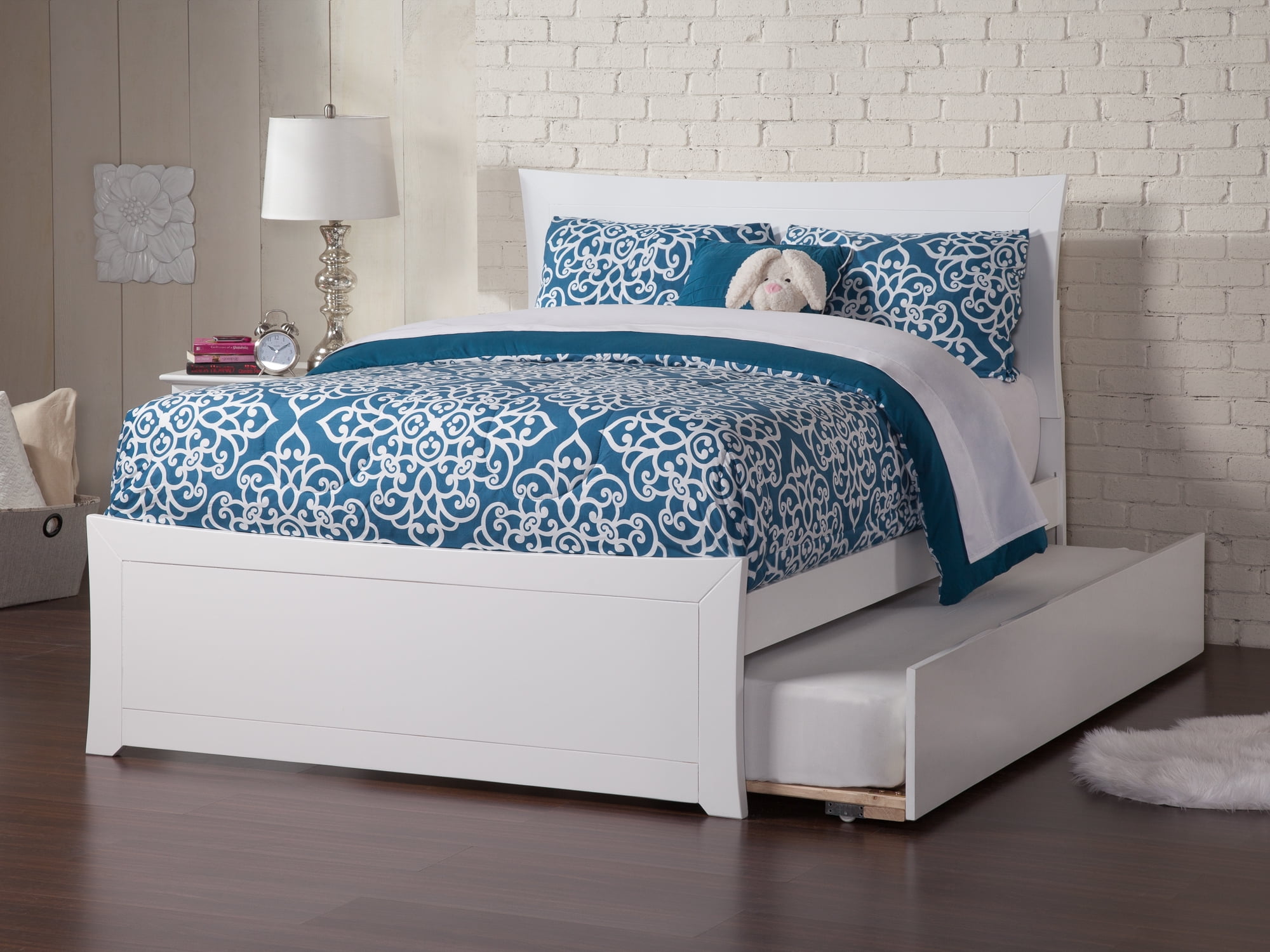 White Full Platform Bed with Wood Headboard and Twin Trundle