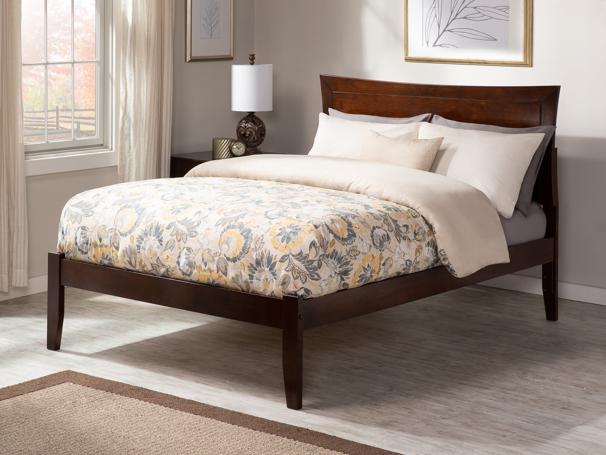 Walnut Queen Upholstered Platform Bed with Storage Drawers