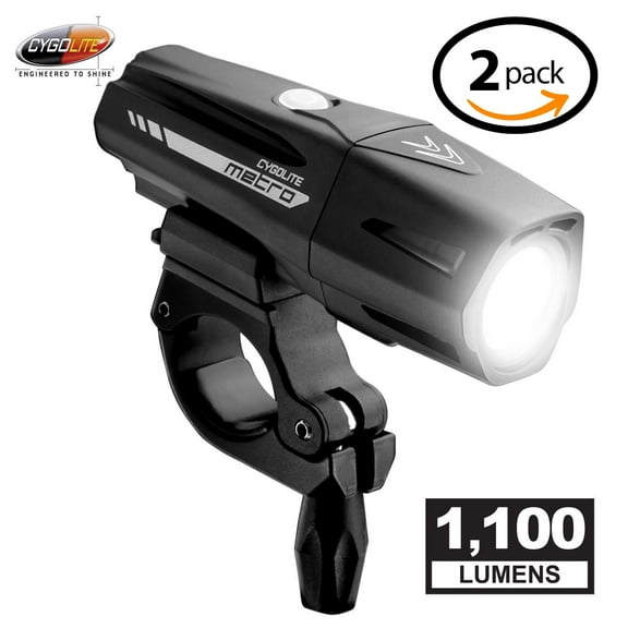 Metro Pro 1,100 Lumen Bike Light 5 Night & 3 Daytime Modes Compact & Durable IP67 Waterproof Secured Hard Mount USB Rechargeable Headlight for Road, Mountain, Commuter Bicycles - 2 Pack