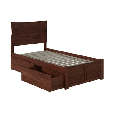 Metro Twin Platform Bed with Flat Panel Foot Board and 2 Urban Bed Drawers in Walnut
