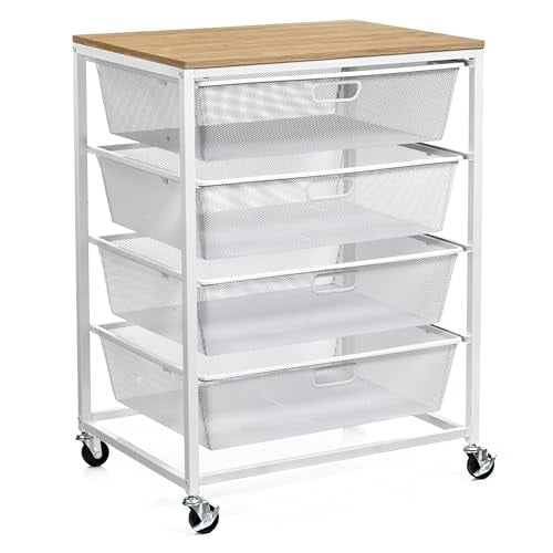 Metro White 4 Drawer Rolling Cart by Simply Tidy - Mobile Storage Organizer with Mesh Drawers & Woodgrain Top - Large Workspace for Craft - Office & Home Organization - 1 Pack