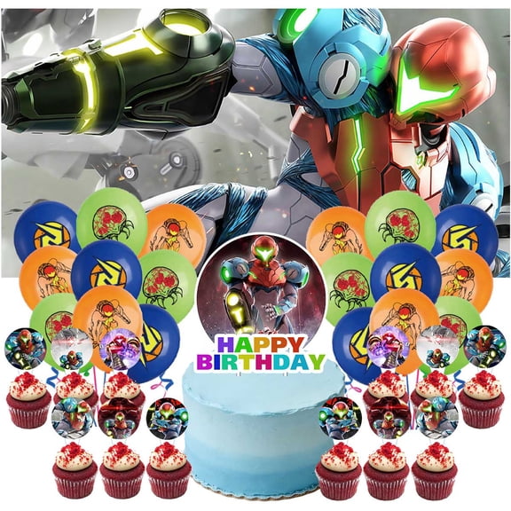 Metroid Dread Birthday Party Decor Set - 5x2.3ft Themed Backdrop Banner, Latex Balloons & Cake Toppers Party Supplies