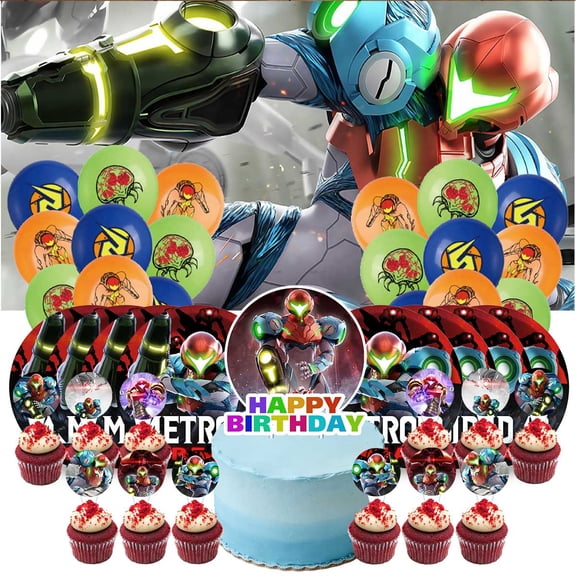 Metroid Dread Themed Birthday Party Decor Set - Balloons, Paper Plates, Cake Toppers, Tableware & 5x2.3ft Backdrop Banner