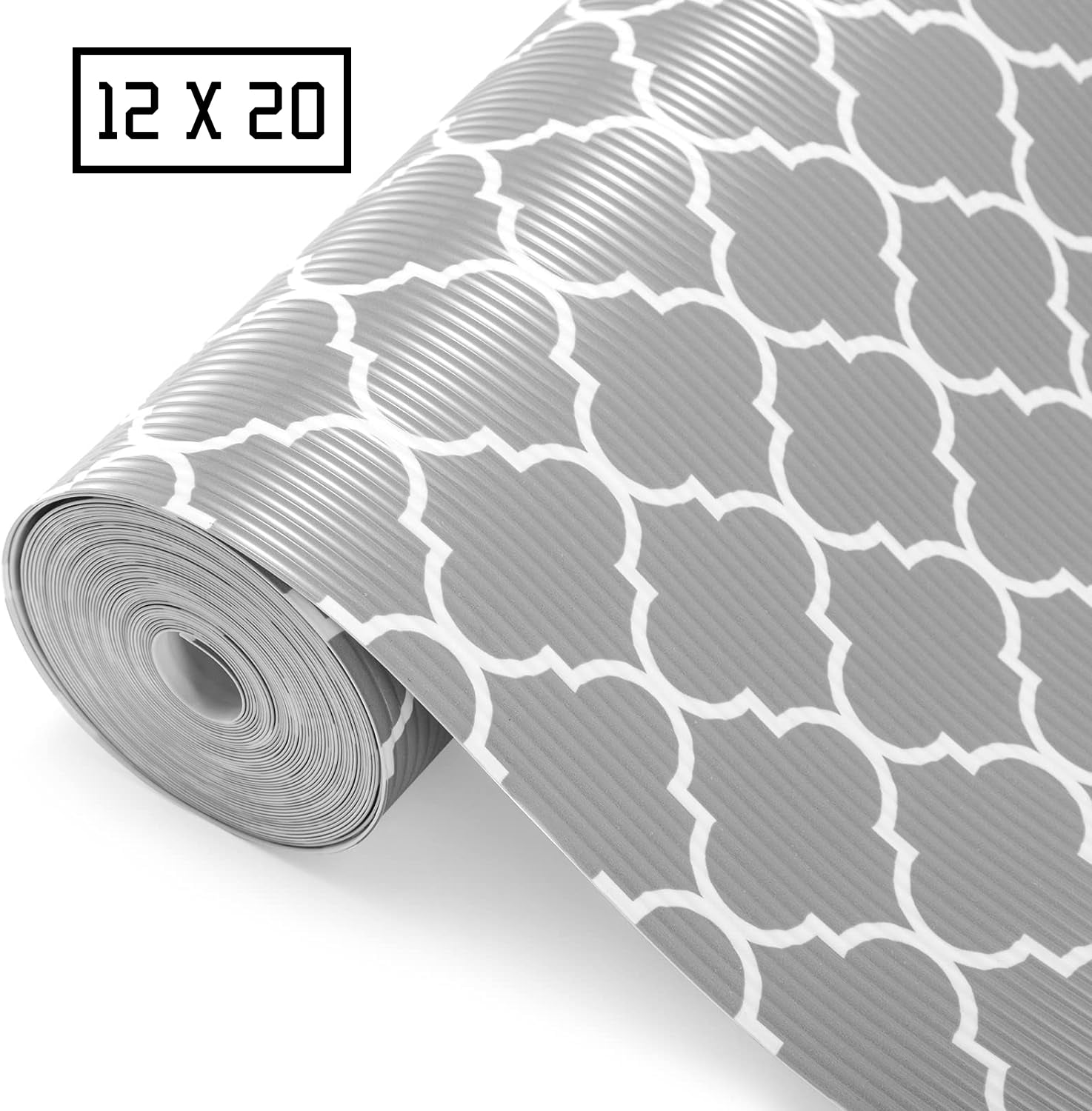 Metronic Liner 12 in x 20 ft for Kitchen, NonSlip Drawer Liners, Quatrefoil Gray