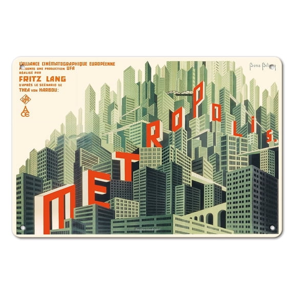 Metropolis - Diected by Fritz Lang - Vintage French Film Movie Poster by Boris Bilinsky c.1927 - 8 x 12 inch Vintage Metal Tin Sign