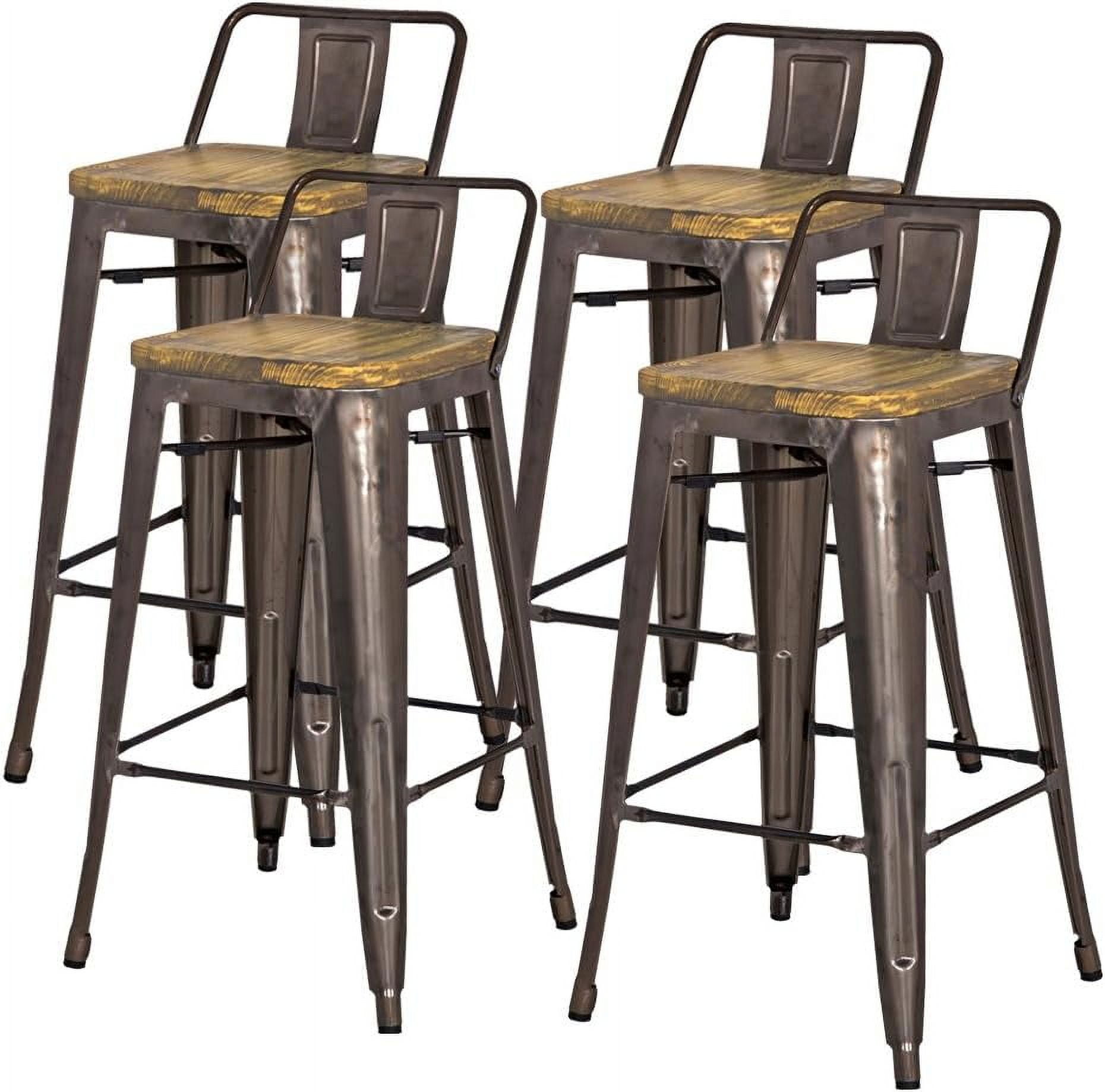 Metropolis Gunmetal Low Back Bar Stool with Pine Wood Seat, Set of 4