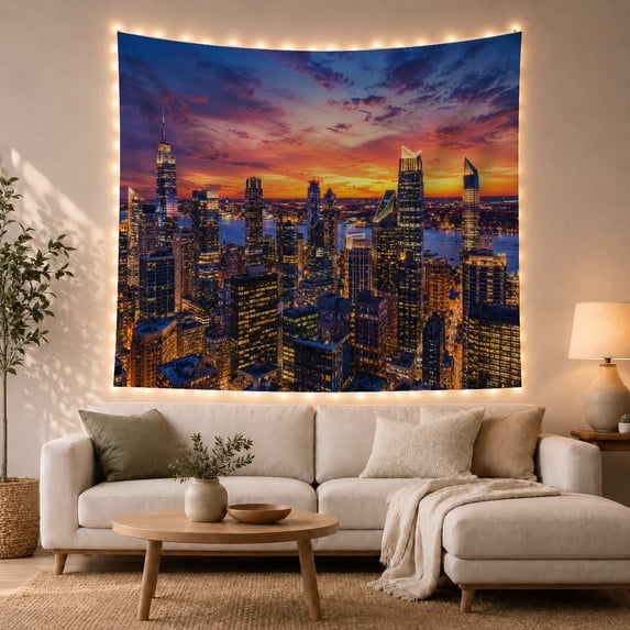 Metropolitan City Skyline with Twilight Main Rise Buildings, Mystical Fantasy for Space Lovers, Galaxy Room Decor, Housewarming Gift, Tapestry Wall Hanging for Bedroom and Dorm