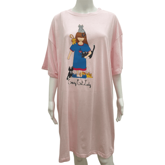 Metropolitan Crazy Cat Lady Night Shirt with Short Sleeves in Pink - One Size