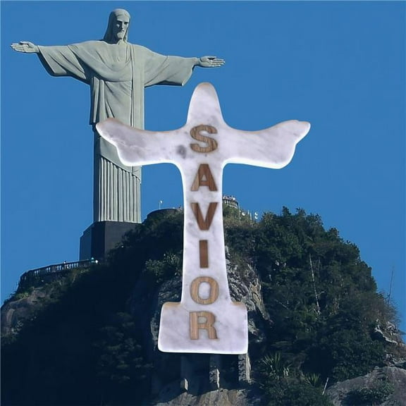 Metrotex Designs 16018 Christ Redeemer Marble Cross with SAVIOR Inlay - White