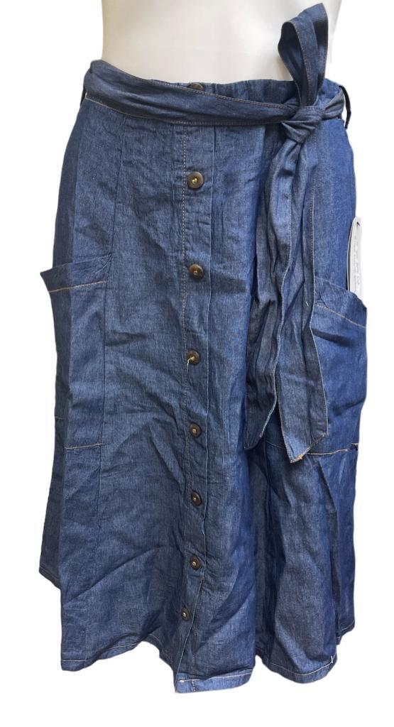 Metrowear BLUE Women's Denim Faux Paperbag Waist Midi Skirt, Small