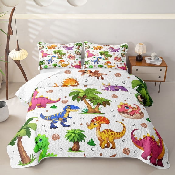 Metsweet 3D Cute Dino Quilt Full, Cartoon Animal Full Bedspread Sets, Pink Orange Purple