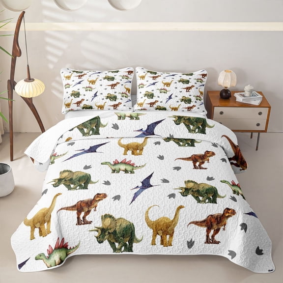 Metsweet Animal Dinosaur Twin Quilt Set, Jungle Wildlife Twin Coverlet Set, Green Brown Gray