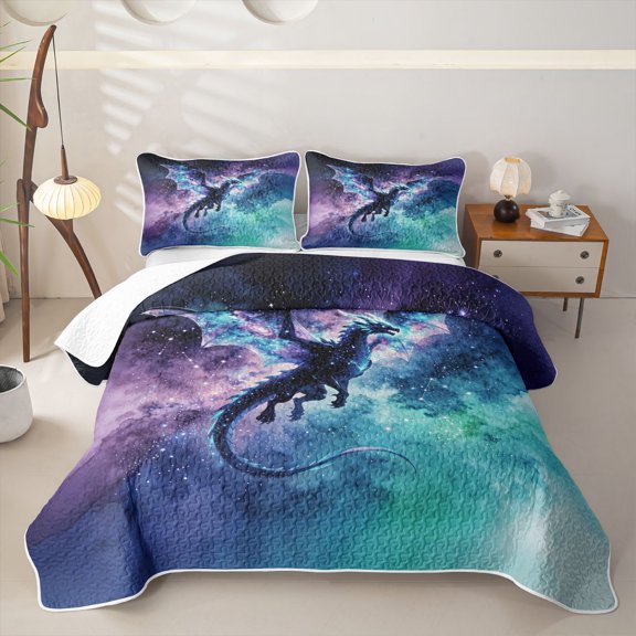 Metsweet Animal Dragon Bed Spread Queen, Cosmic Galaxy Queen Coverlet Set, Purple Blue Teal