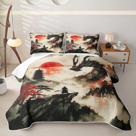 Metsweet Animal Dragon Twin Quilt Set, Japanese Samurai Twin Coverlet Set, Black Red White