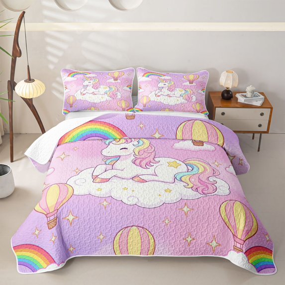 Metsweet Cartoon Unicorn Twin Quilt Set, Kawaii Rainbow Stars Print Twin Coverlet Set