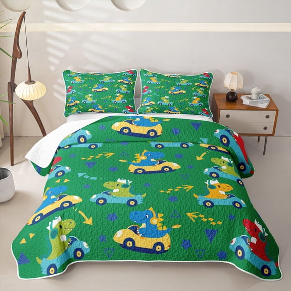 Metsweet Cute Dino Car Bed Spread Queen, Kawaii Animal Queen Coverlet Set, Green Yellow Red