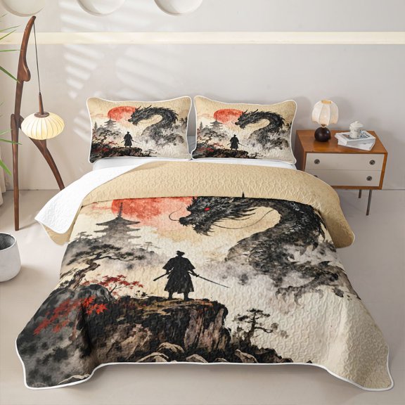 Metsweet Dragon Samurai Bed Spread Queen, Japanese Style Queen Coverlet Set, Black Red Beige