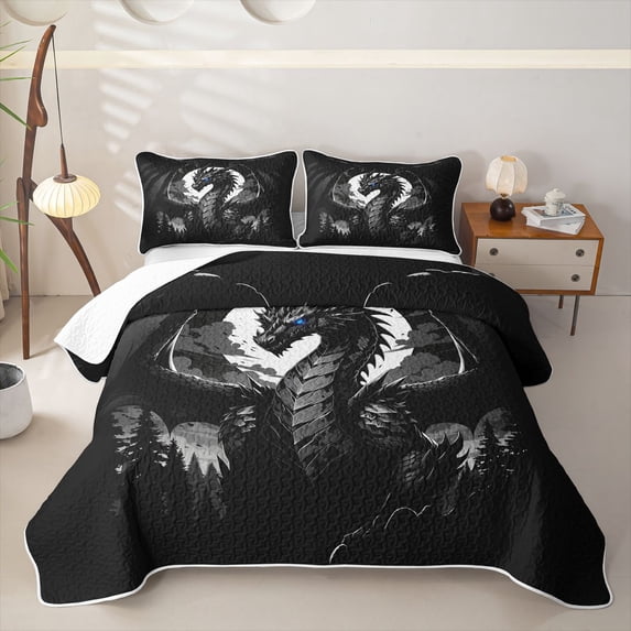 Metsweet Magic Dragon Twin Quilt Set, Gothic Animal Twin Coverlet Set, Black Blue Gray