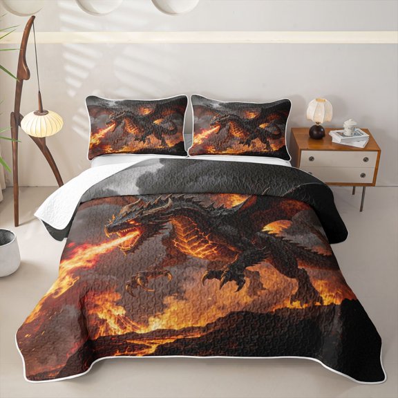 Metsweet Magical Dragon Bed Spread Queen, Abstract Flame Queen Coverlet Set, Black Orange Red