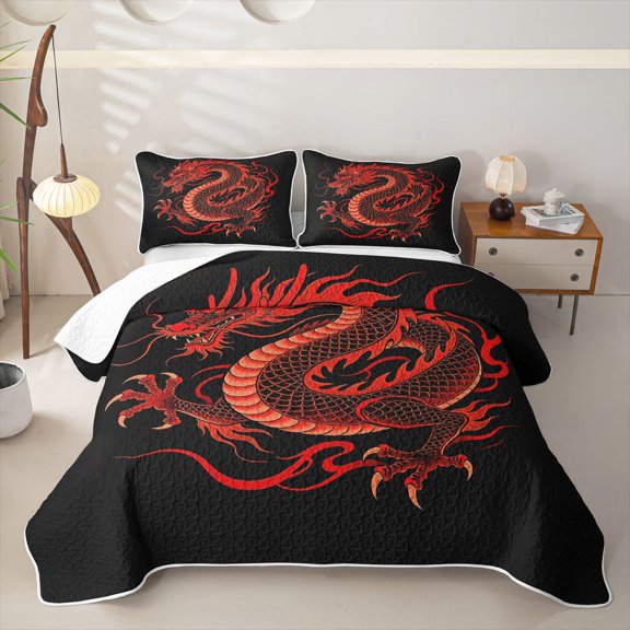 Metsweet Magical Dragon Bed Spread Queen, Japanese Style Queen Coverlet Set, Red Black