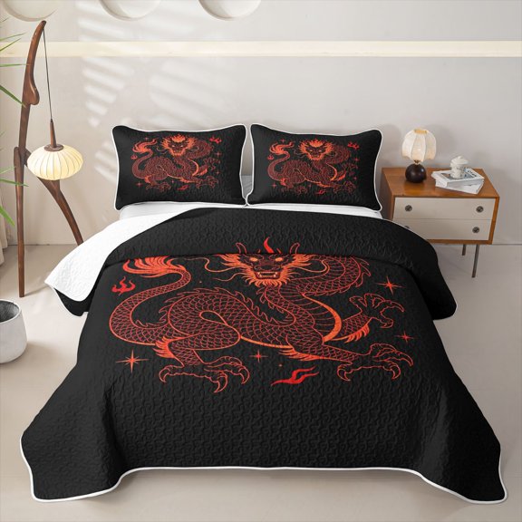 Metsweet Red Dragon Bed Spread Queen, Japanese Style Queen Coverlet Set