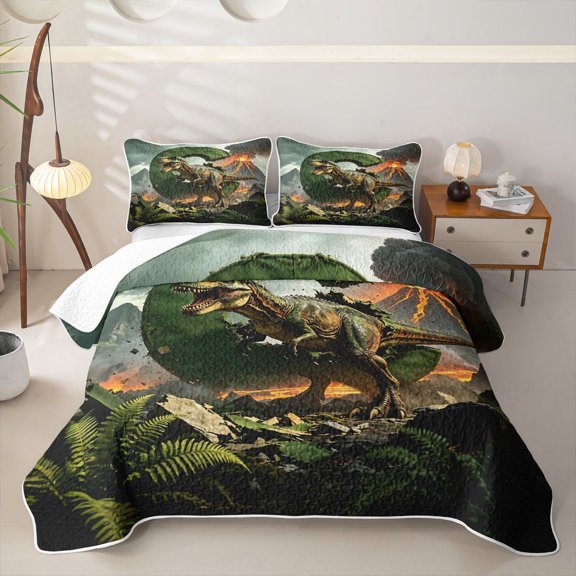 Metsweet Tyrannosaurus Rex Initial C Bed Spread Queen, Volcano Dinosaur Queen Coverlet Set, Green Gray Orange
