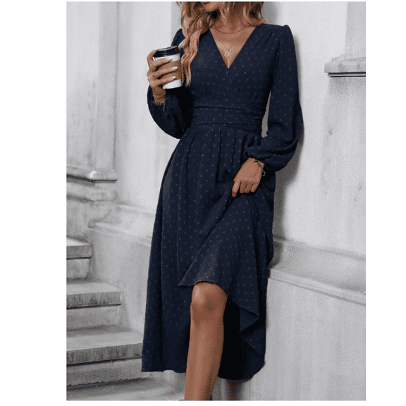 Mettclasi Women's Spring Fall Swiss Dot V Neck Maxi Dress Casual Puff Long Lantern Sleeve A-Line Flowy Dress