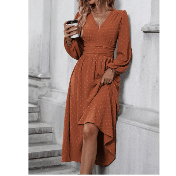 Mettclasi Women's Spring Fall Swiss Dot V Neck Maxi Dress Casual Puff Long Lantern Sleeve A-Line Flowy Dress