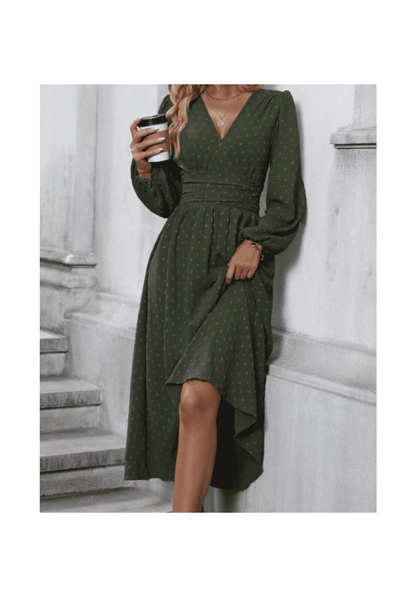 Mettclasi Women's Spring Fall Swiss Dot V Neck Maxi Dress Casual Puff Long Lantern Sleeve A-Line Flowy Dress