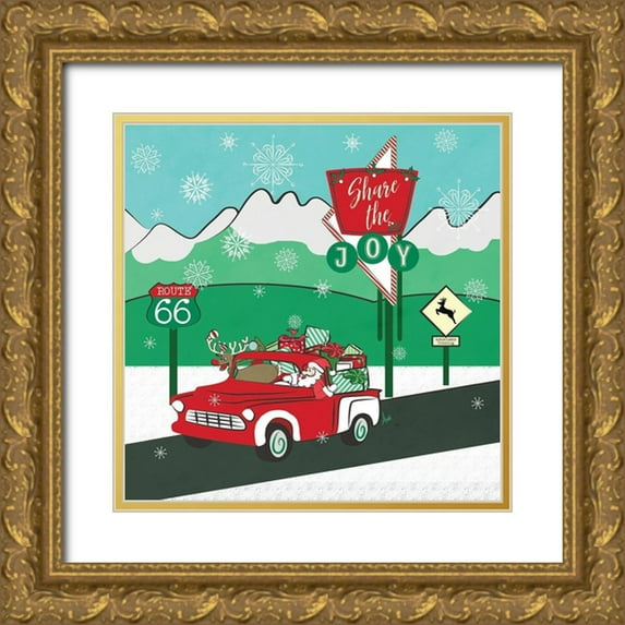Metz, Andi 26x26 Gold Ornate Wood Framed with Double Matting Museum Art Print Titled - Retro Santa Driving I