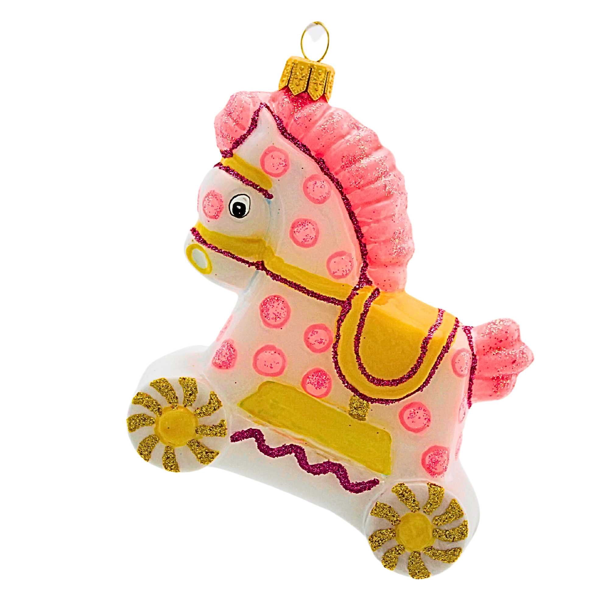 Hand-Painted Pink and Gold Glass Rocking Horse Ornament