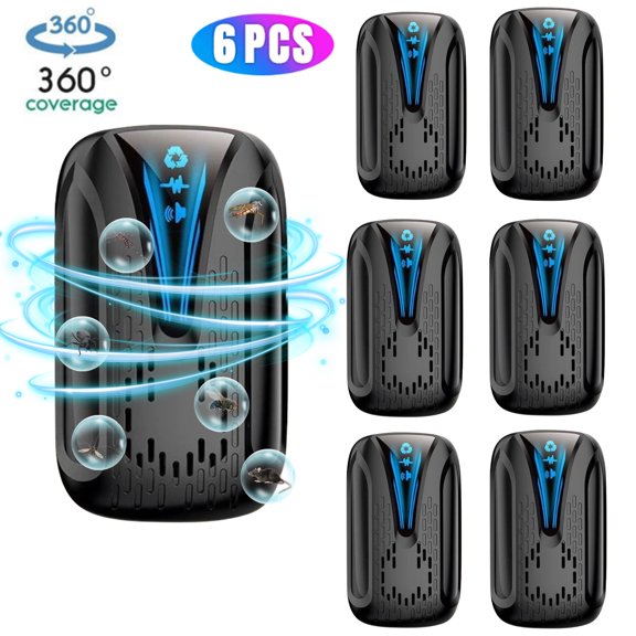 Meuvax Mouse Pest Repeler Home Kit, 6Pcs Electronic Pest Control Plug in Indoor for Mice Bugs Rodents Roaches Mosquitoes Flying Insects, Black