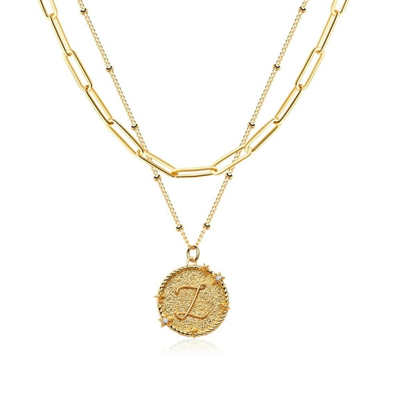 MEVECCO 18K Gold Plated Dainty CZ Alphabet Coin Letter Disc Layered Initial Pendant Choker Necklace for Women Jewelry Gift