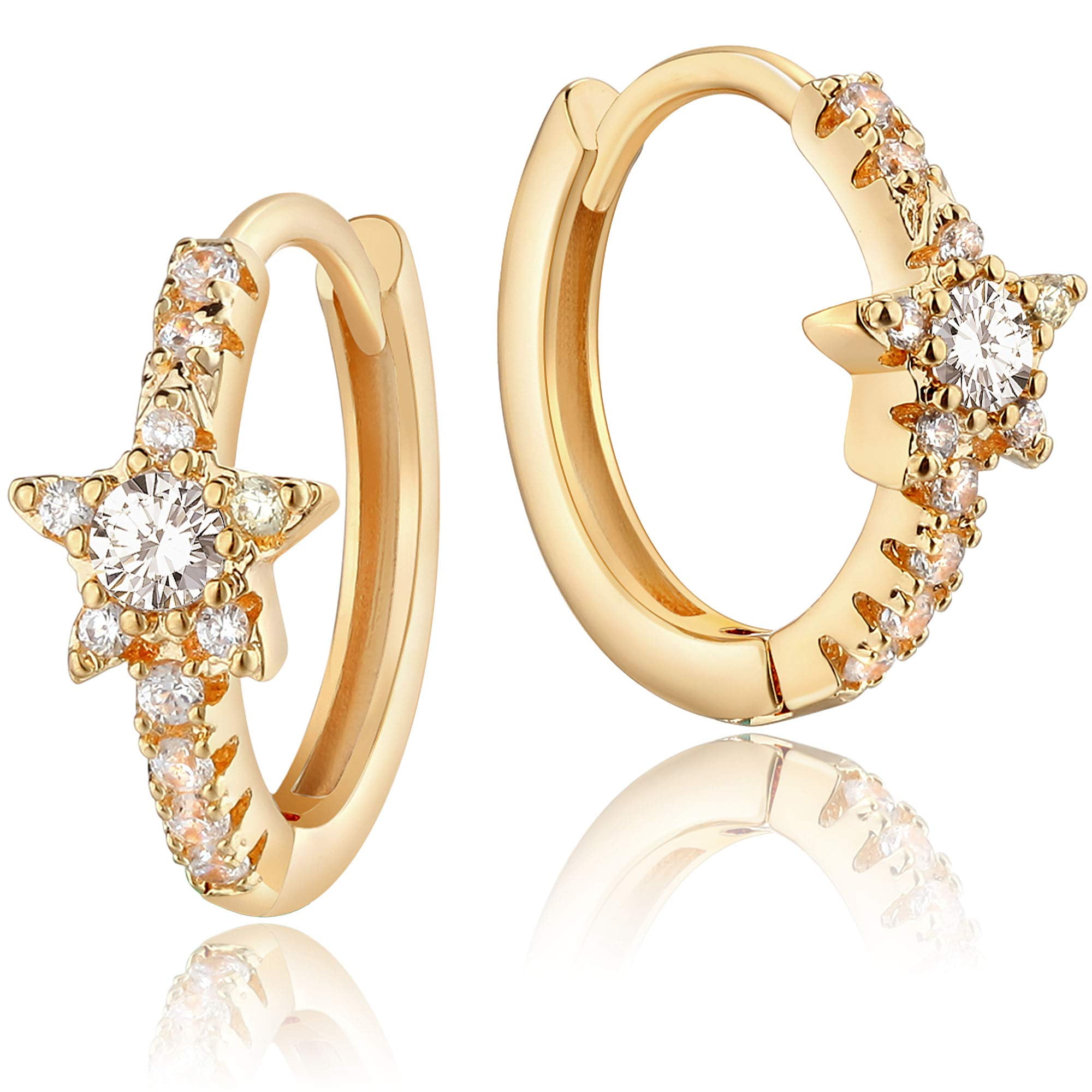 Mevecco 18K Gold Plated Huggie Earrings with Shining Cubic Zriconia Geometry Beads Star Hoop Earrings for Women