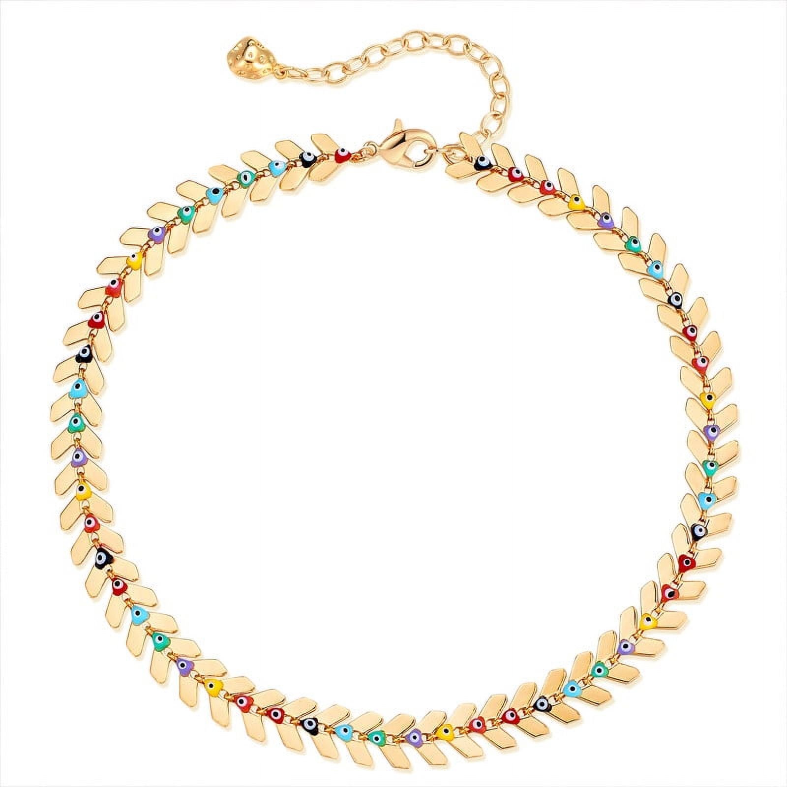 MEVECCO Rainbow Evil Eye Anklet 14K Gold Plated Dainty Arrow