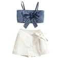 thumbnail image 1 of Mevireiy 2 Pcs Toddler Girls Summer Outfit Spaghetti Strap Bow Denim Camisole Irregular Skirt Shorts, 1 of 7