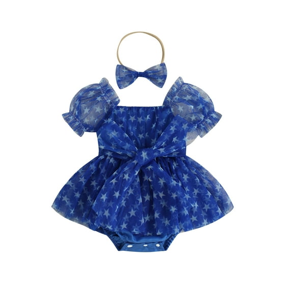 Mevireiy 4th of July Baby Girls Romper Dress Stars Print Lace Tulle Patriotic Dresses