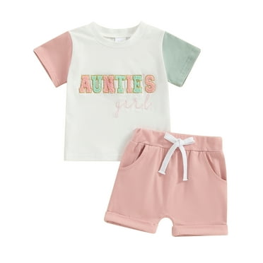 Mevireiy Aunties Girl Letter Embroidery T Shirt Tops Elastic Waist Rolled Shorts Outfits, Pink, 12-18 Months