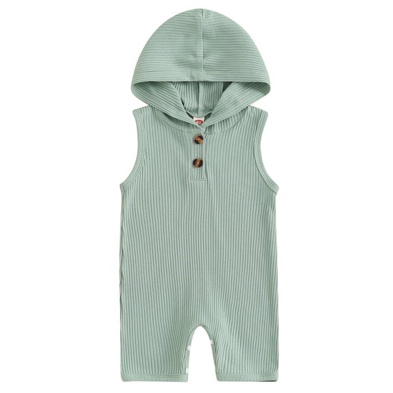 Mevireiy Baby Boys Ribbed Knit Hooded Jumpsuit Solid Color Sleeveless Romper Shorts