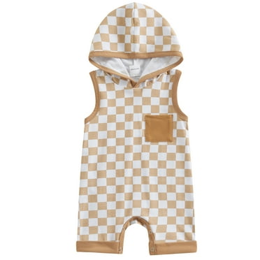 Mevireiy Baby Boys Sleeveless Hooded Jumpsuit Checkerboard Print Pocket Romper Pants,Brown,12-18 Months