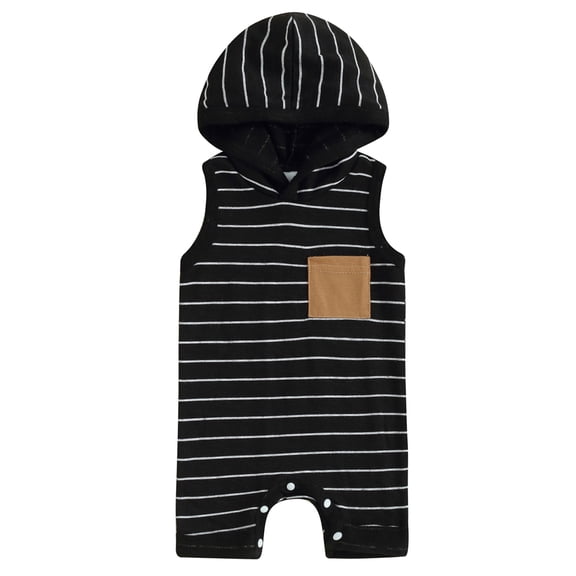 Mevireiy Baby Boys Sleeveless Hooded Jumpsuit Striped Print Pocket Romper Shorts Outfits,Black,0-3 Months